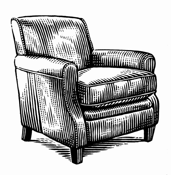 Black and white scraperboard engraving of empty armchair