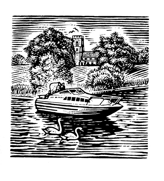 Motorboat on lake, castle in background
