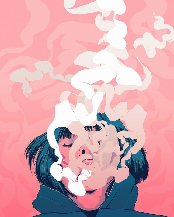 Teenage girl with head back breathing out swirling vapour