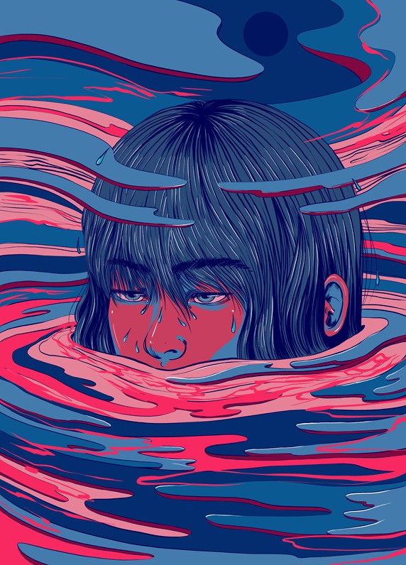Head if crying woman in water