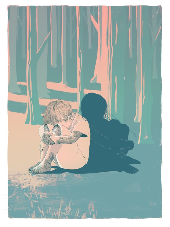 Lost children sitting back to back in forest
