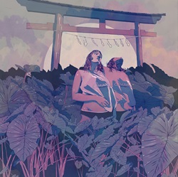 Two women surrounded with leaves standing near Torii gate