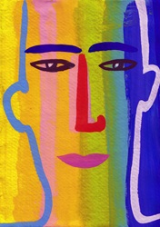Close up of man's face in rainbow flag colours
