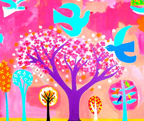 Neon colored birds and flowering trees