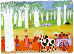 People and bullock cart in forest