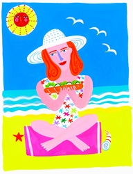 Woman on beach eating sandwich
