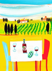 Red wine on table in Italian vineyard
