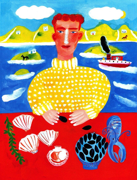Portrait of man with seashell, seaweed and squid