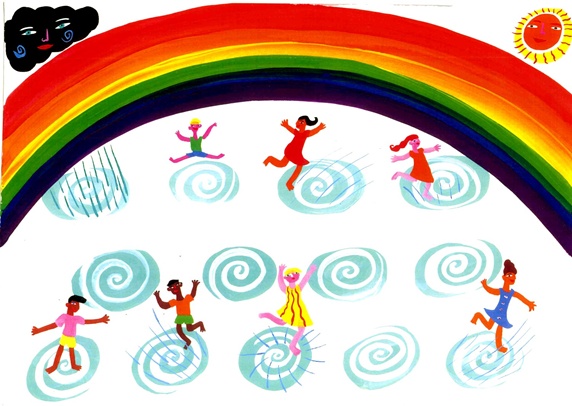 Children playing under rainbow