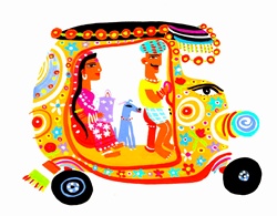 Man driving woman and dog in ornate auto rickshaw