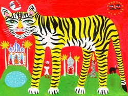 Striped tiger in traditional Indian scene