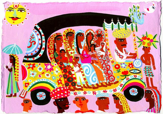 Women and children traveling in ornate auto rickshaw