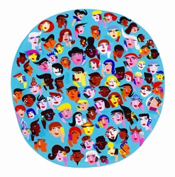 Circle containing faces of lots of people using smart phones