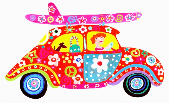 Woman driving hippy flower power car with surfboard on roof rack