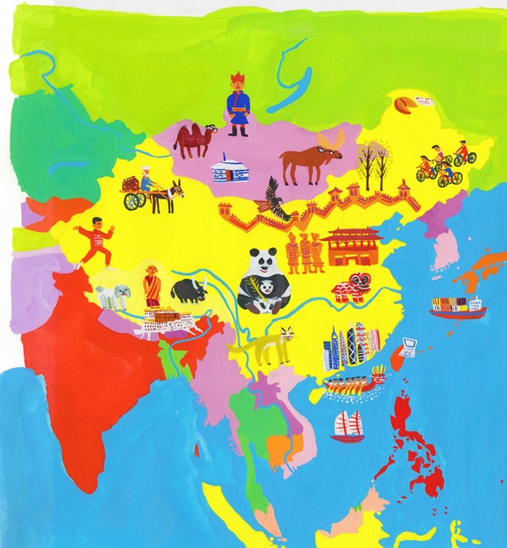 Illustrated map of China, Hong Kong, Mongolia, Taiwan and Nepal