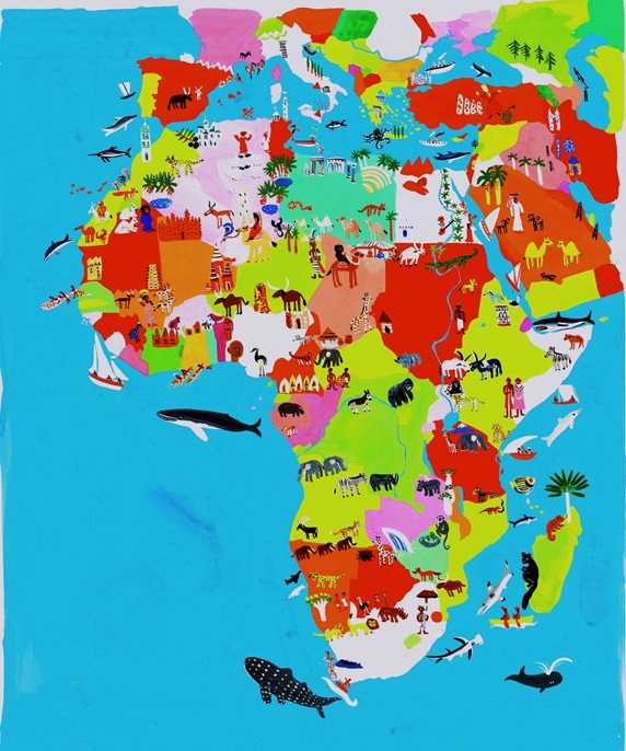 Illustrated map of African and Middle Eastern culture and wildlife