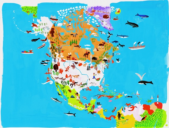 Illustrated map of North and Central American culture and wildlife
