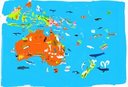 Illustrated map of Australasian and Indonesian culture and wildlife