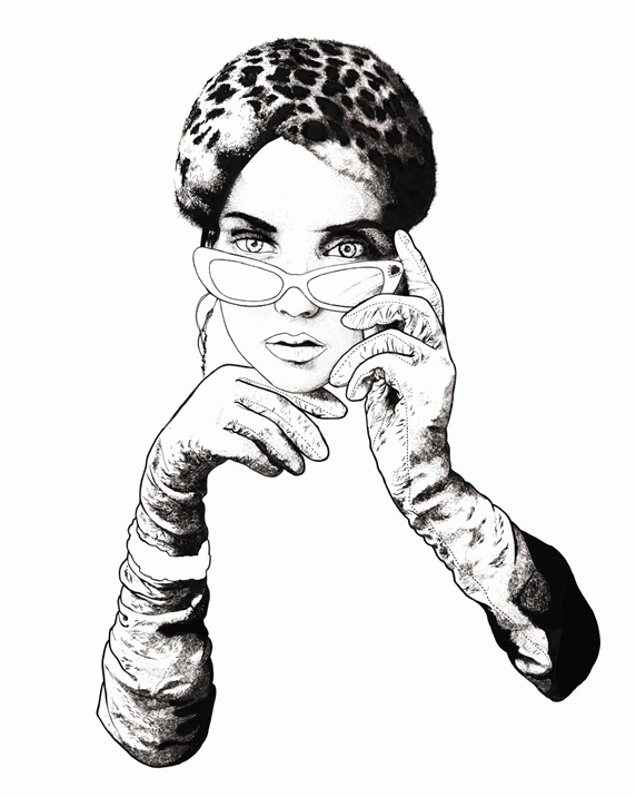 Fashion image of female face with glasses and hands in gloves, looking at camera
