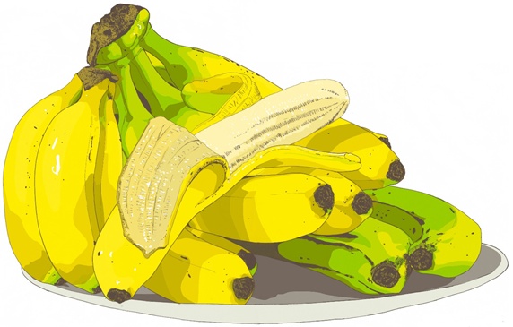 Bananas on plate, white background