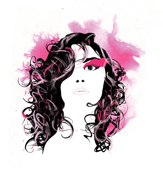 Woman with curly hair and pink make-up