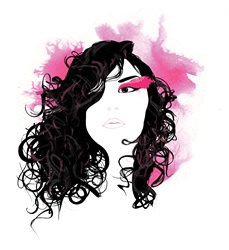 Woman with curly hair and pink make-up
