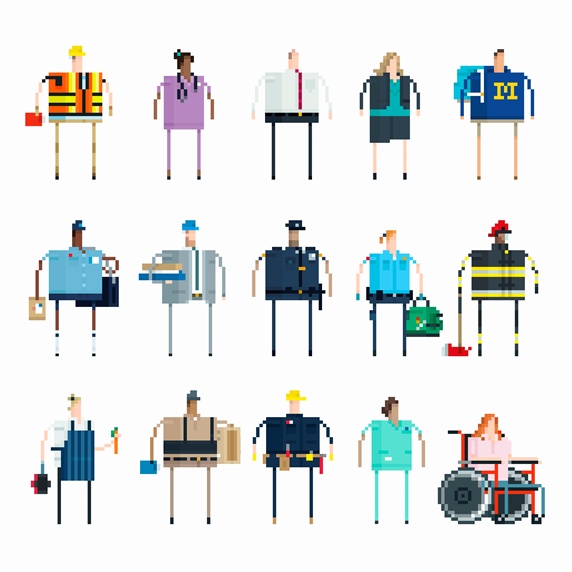 Pixelated people in a row with different jobs in united states
