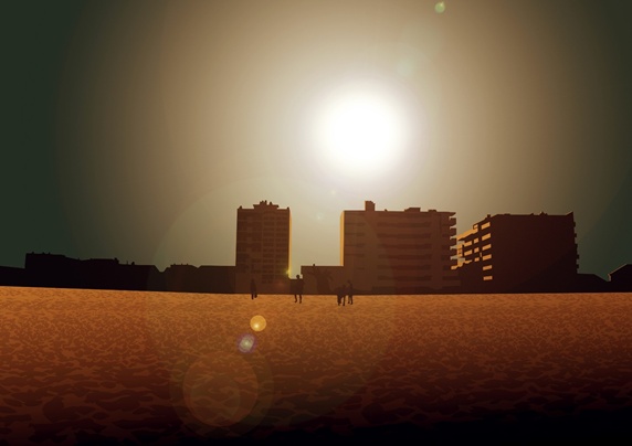 Field and residential blocks, sun flare