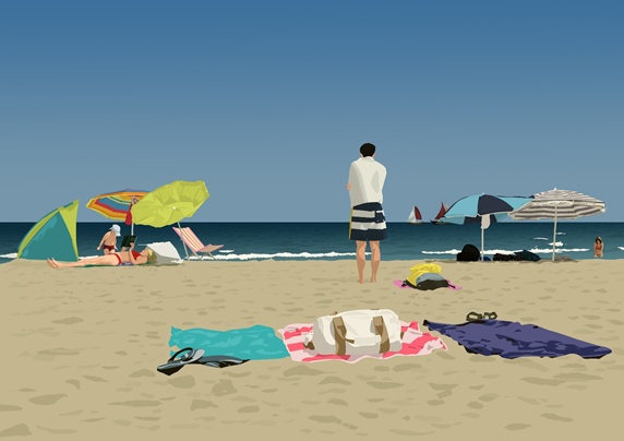 People on sandy beach, towels and sunshades