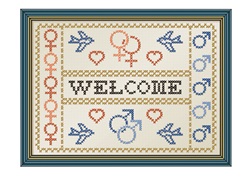 Welcome sign with female and male symbols