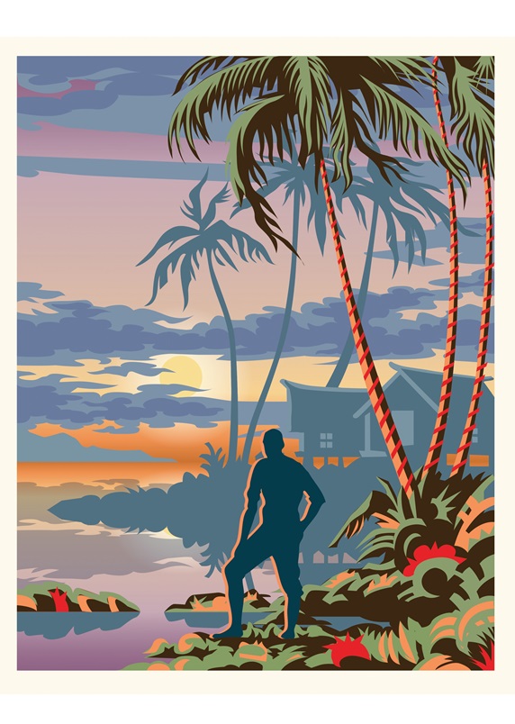Silhouette of man on tropical coast at sunset