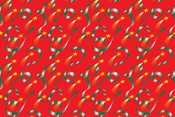 Green ribbon and yellow star shape pattern on red background