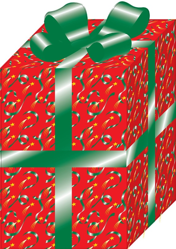Christmas present wrapped in red patterned paper, green ribbon