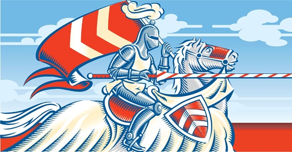 Red and blue image of knight riding on horse
