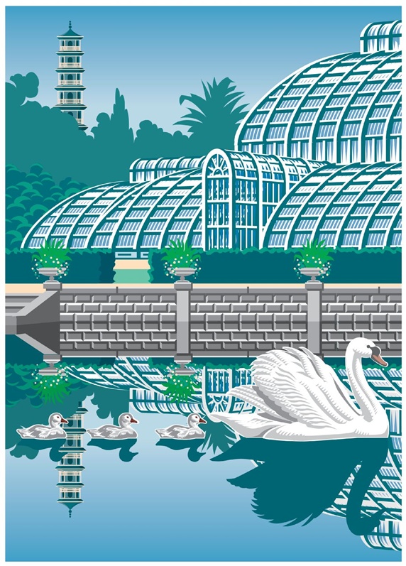 Swans in botanic garden, architecture in background