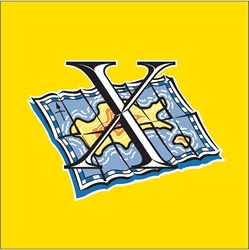 Letter 'X' and island map, yellow background