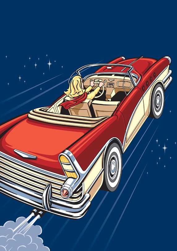 High angle view of blond female driving red vintage car in space