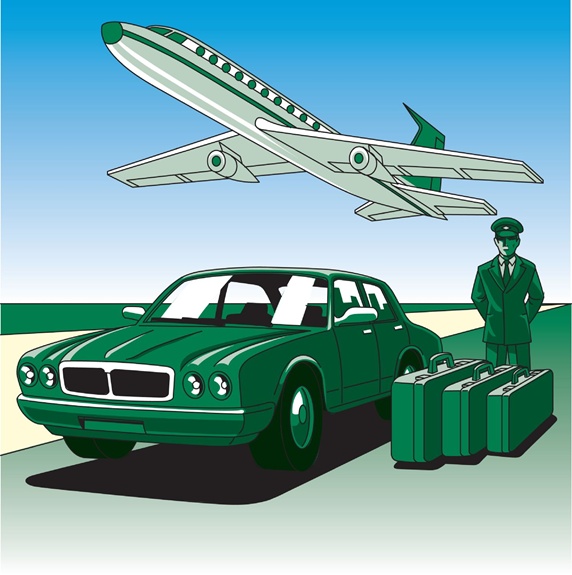 Airplane taking off, green car and driver waiting with suitcases