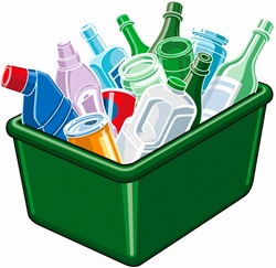 Plastic, cans and glass in green recycling bin