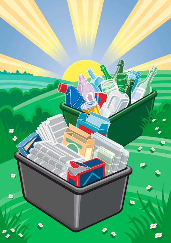 Plastic, cans, glass, paper and cardboard in recycling bins in countryside