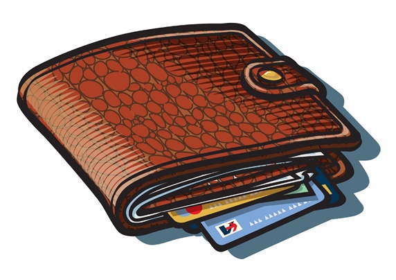 Brown wallet with credit cards, white background
