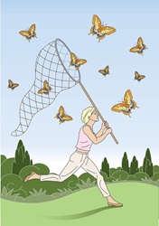 Blond female catching butterflies with net