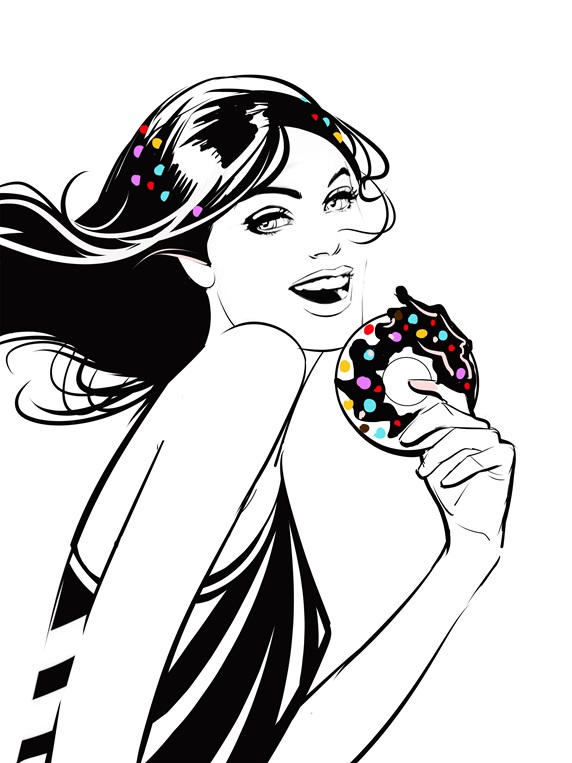 Portrait of young woman, smiling and holding donut