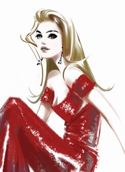 Fashion model wearing sparkling red dress