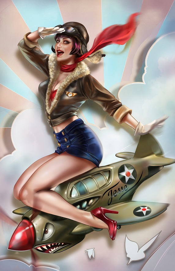 Retro pin-up girl astride World War Two fighter plane