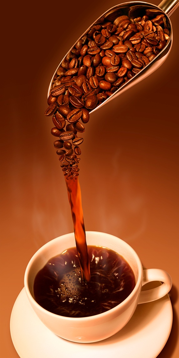 Coffee pouring into cup from scoop of fresh coffee beans