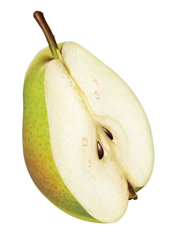 Fresh green pear half on white background
