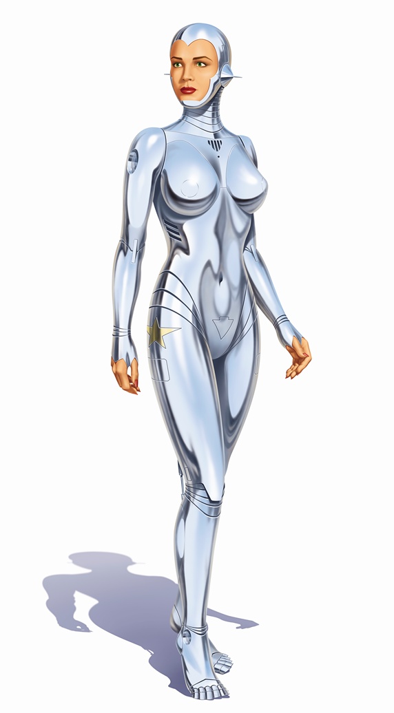 Woman android with human face and metal body