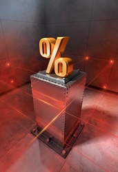 Gold percentage sign on top of strong metal pedestal protected by laser beams inside bank vault