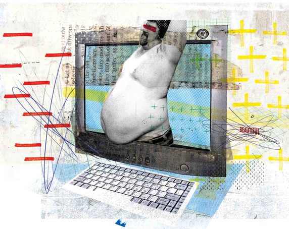 Overweight man on computer screen
